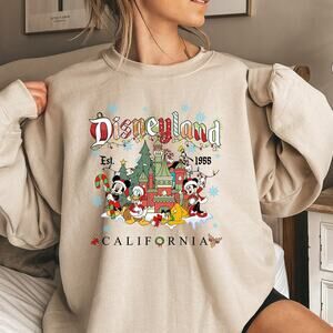 Disneyland Christmas Mickey Minnie Goofy cute graphic beige sweatshirt medium